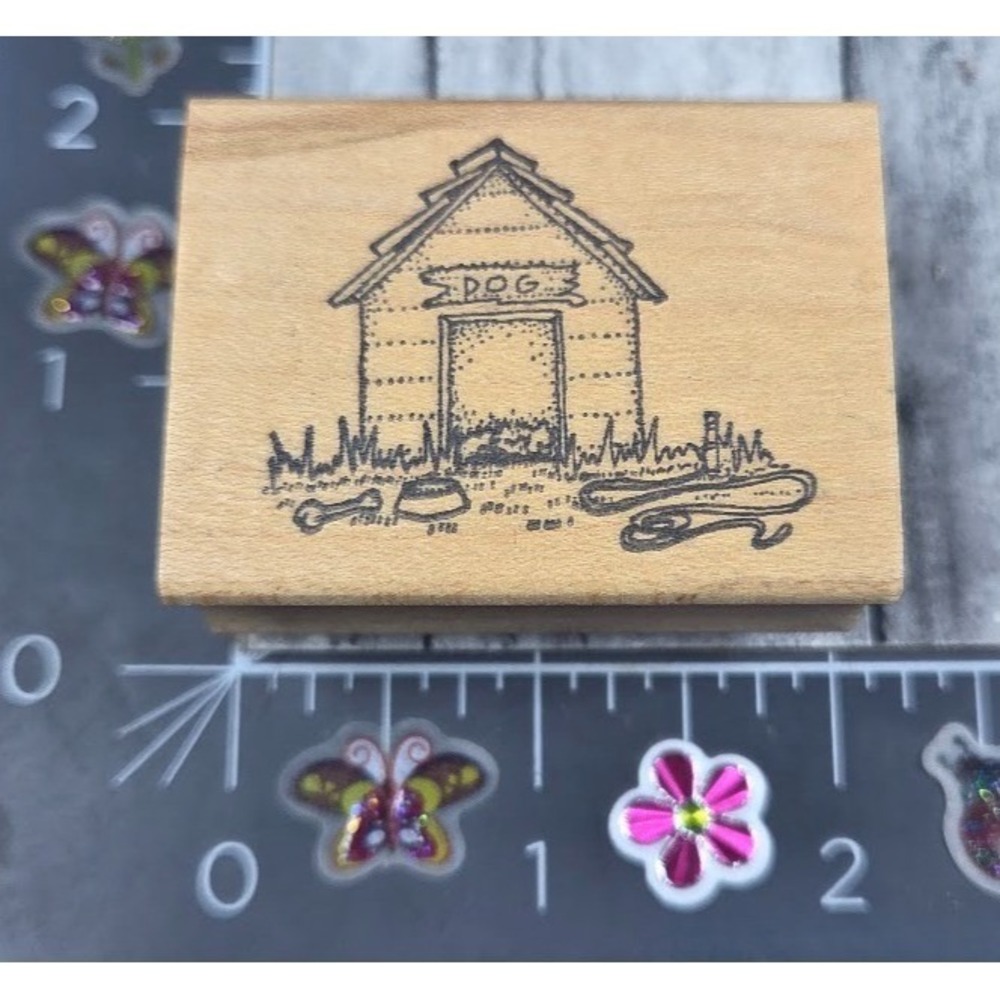 Double D Dog House Dish Bone Leash Grass 1991 Rubber Stamp Wood #E97